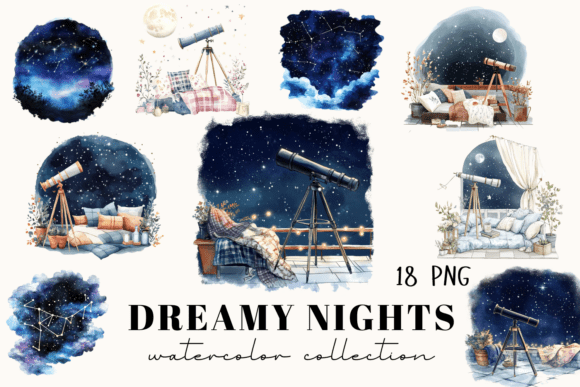 Dreamy Night Watercolor Clipart: 18 PNGs for Cosmic Designs
