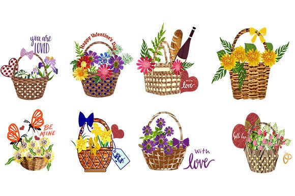Floral Love Baskets: 8 PNG Clipart Designs for Greetings